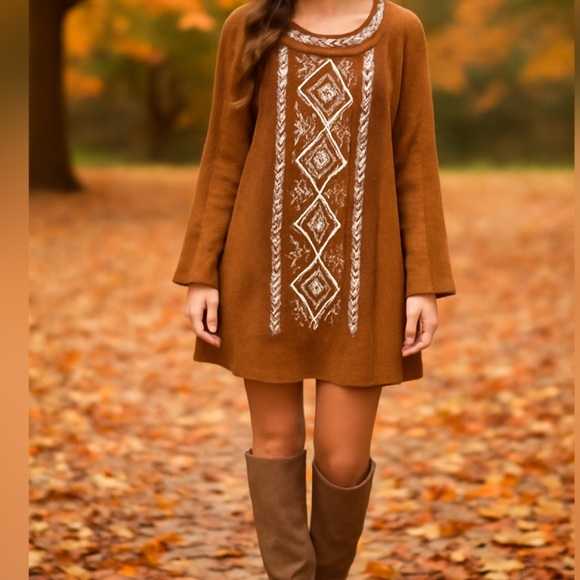 JEALOUS TOMATO camel tan boho faux suede embroidered mini dress size medium - Picture 1 of 6
